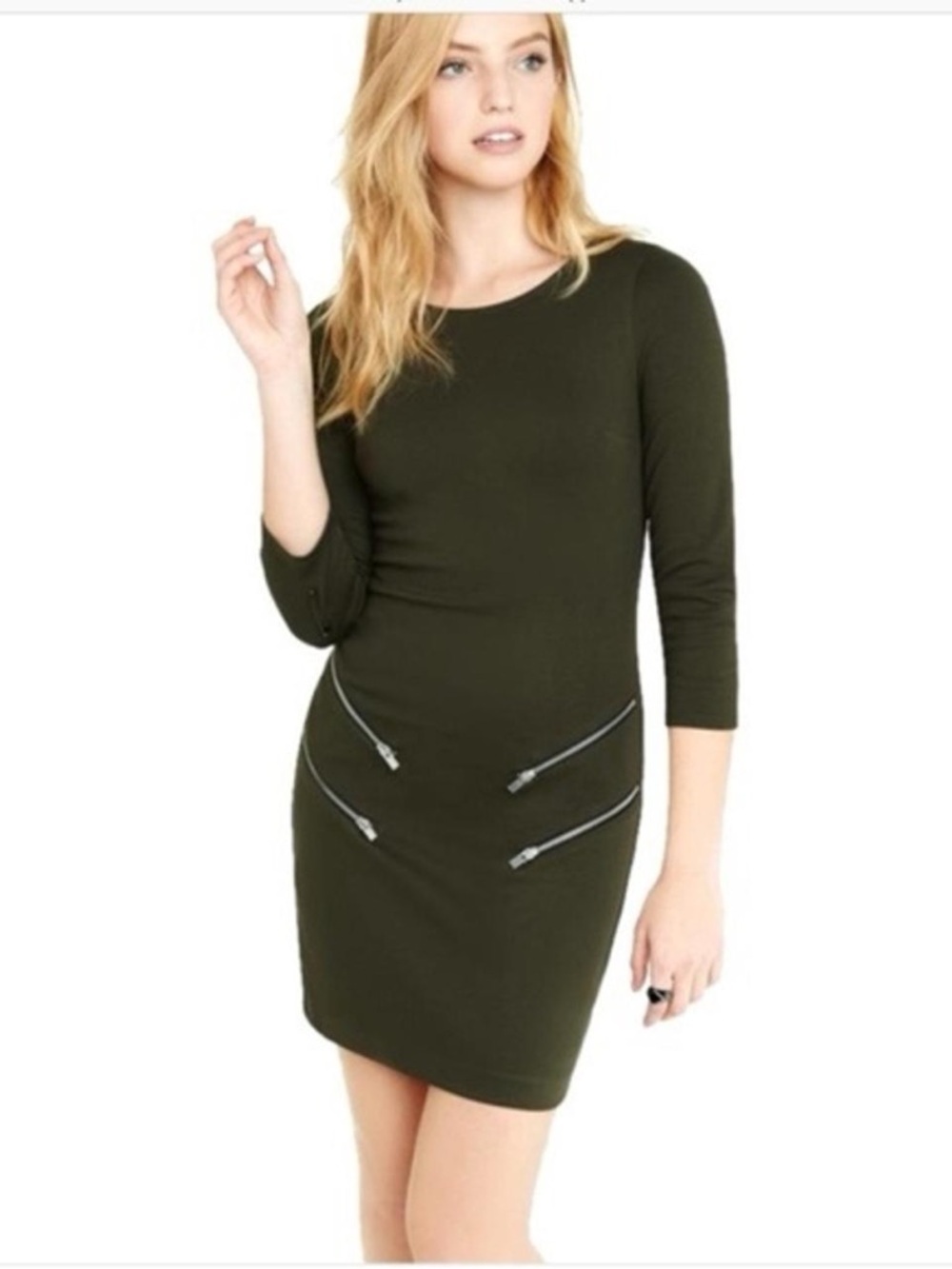 EXPRESS Olive Green Zip-Accent Sheath Dress